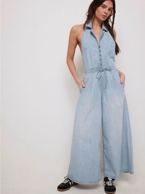 We The Free Light Blue Denim Halter Jumpsuit